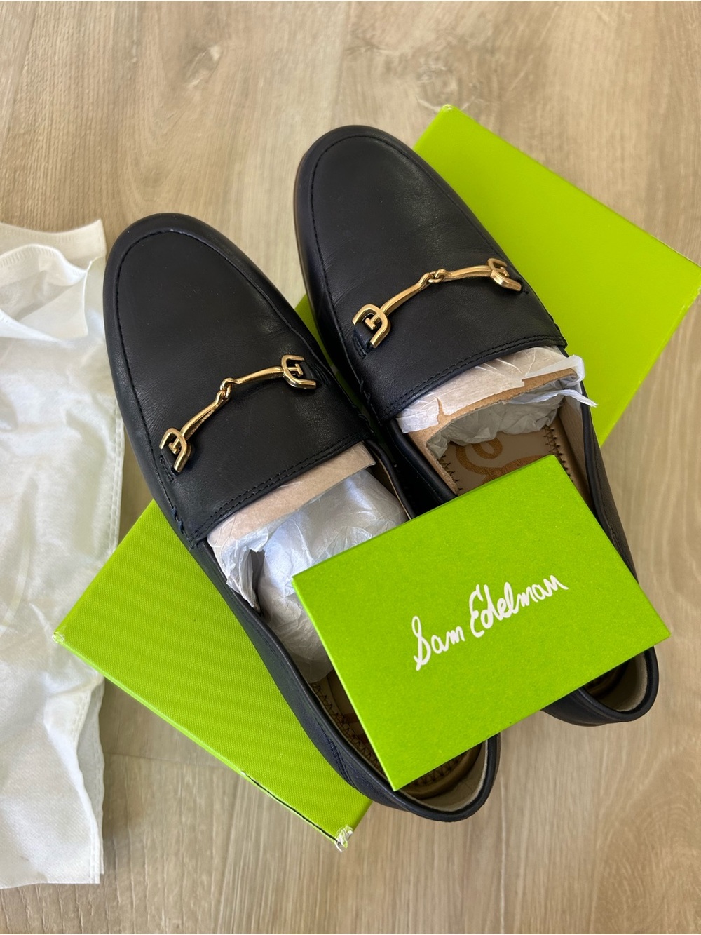 Sam Edelman Loraine Navy Blue Leather Slip-On Loafers with Gold Bit